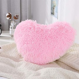 Pink Fluffy Heart Pillow Gift for Girls Kids, Shaggy Plush Faux Fur and Sherpa, Cute Soft Throw Cushion Valentines Day Decor Gift for Thanksgiving ,Christmas ,Mothers Day - Pink, Heart Shaped