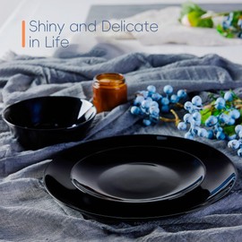 LaGlint Salad Appetizer Plate Set of 6, Lightweight 7.5 inch Opal Glass Round Black Plates for Dessert Kitchen, Dishwasher and Microwave Safe