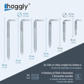haggiy Screw in Hooks 5.8 x 80 mm with Slot – Galvanised L Screw Hooks with Thread, Straight Metal Hook, 25 Pack