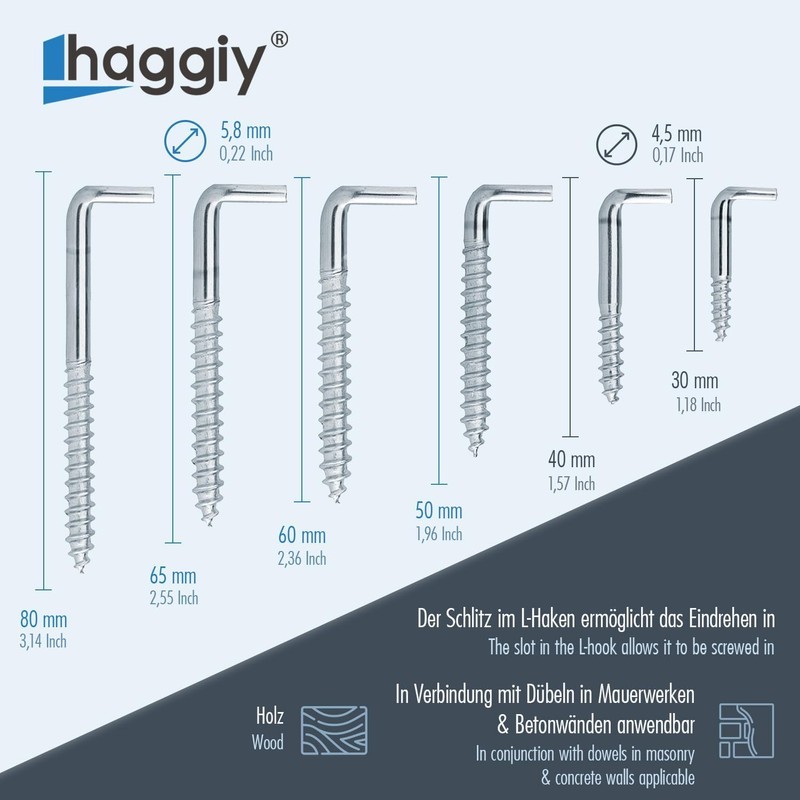 haggiy Screw in Hooks 5.8 x 80 mm with Slot