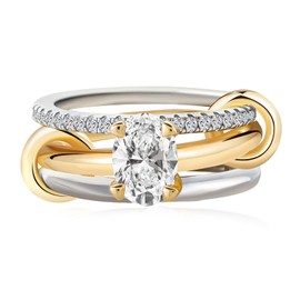 14k Gold Silver Plated Stackable Rings for Women Minimalist CZ Mixed Metal Two Tone Gemstone Stacked Travel Faux Diamond Rings Set Non Tarnish Statement Knuckle Jewelry(Three-ring oval zircon ring, 5)