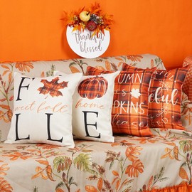 ONWAY Fall Home Sweet Pillow Covers Orange Black Buffalo Check Plaid Pumpkin Throw Pillow Cover Autumn Maple Thanksgiving Farmhouse Decorative Pillowcase for Couch Sofa Car,18x18 Inches Set of 4