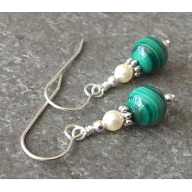 Banded Green Malachite, Cream Crystal Pearl & Sterling Silver Hook Drop Earrings with Gift Box
