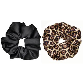 Oversized Satin Scrunchies for Women - 2 Pack Extra Large Hair Ties Accessories, Big Silk-Like Ponytail Holders, No-Damage Elastic Bands for Thick Curly Hair, Black/Leopard Print