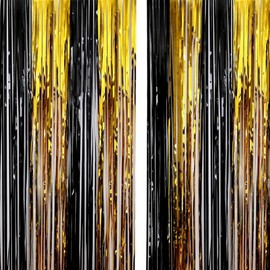 Iridescent Foil Tinsel Curtain Backdrop, 1m x 2m, 2-Pack, Pink gold silver iridescent rainbow (Black gold)