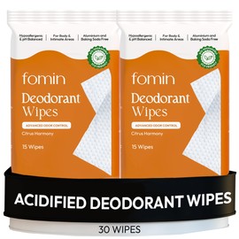 FOMIN Acidified Deodorant Wipes For Women & Men - 30 Count - Citrus Harmony – Hypoallergenic, pH Balanced Whole Body Wipes - Plastic-Free, Exfoliating & Advanced Odor Control Underarm Body Wipes