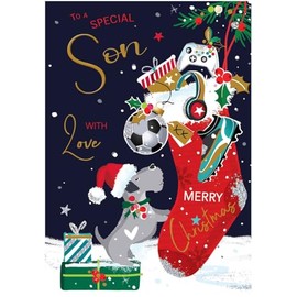 Son Christmas Card - Special Son - Christmas Stocking and Dog - Artistic Festive Design - Special Finishes and Illustrated Insert Leaf - Made in the UK
