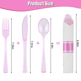 Pink Pre-Rolled Cutlery Sets 100 Pack - Heavy Duty Plastic Silverware, Wrapped Disposable Silverware & Napkins for Weddings, Parties, Events (100 sets)