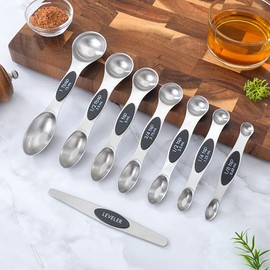 Magnetic Measuring Spoons Set of 8 Stainless Steel, Dual Sided,Fits in Spice Jars, Measuring Spoons Nesting Tablespoons for Measuring Dry and Liquid Ingredients (Black)