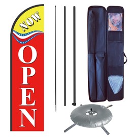 Open Themed Swooper Flag Pole Kit for Businesses,Now Open Advertising Banner Kit Include Feather Flag,Banner Pole,Ground Stake and Travel Bag-12 Feet