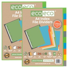 eco-eco A4 50% Recycled Multipunched Reinforced Colour Set 10 Subject Index File Dividers 200mic (Pack of 2) eco073x2