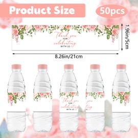 URROMA Water Bottle Label, 50Pcs Pink and White Flowers Thank You for Celebrating with Us Waterproof Bottle Stickers for Wedding Birthday Baby Shower