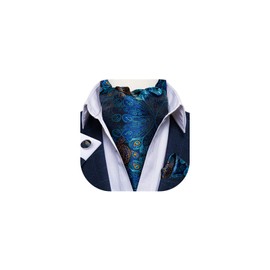 DiBanGu Silk Woven Cravat Tie Set for Men Peacoak Blue Paisley Cravat Ascot Tie and Pocket Square Cufflinks Set
