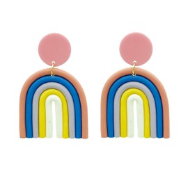 Polymer Clay Multi-colors Pure Colors Rainbow Earrings for Women,Lightweight Clay Cute U-shaped Big Geometric Fan Earrings Sterling Silver Stud,Statement Fun Fashion Jewelry(pink rainbow)