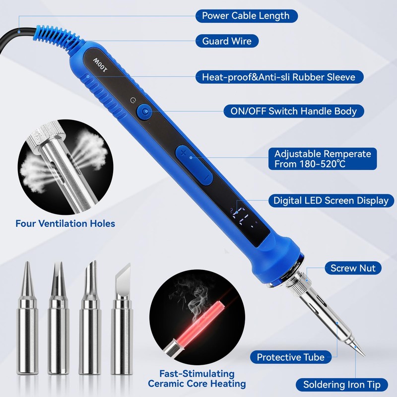 Soldering Iron Kit, 100 W LED Visible Temperature Adjustable 180-520°C