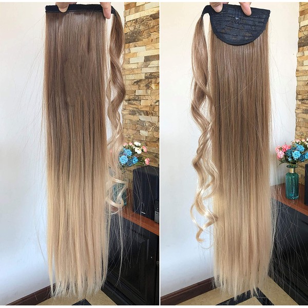 22" Long Straight Ombre Wrap Around Ponytail Clip in Hairpieces 95g (Straight-Light brown to sandy blonde)