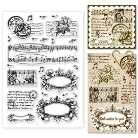 GOMAKERER 1 Sheet Clear Stamp, Vintage Musical Notes Background Transparent Rubber Stamps Reusable Silicone Clear Stamp Seals for Card Making Scrapbooking Album Decor