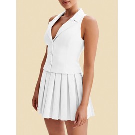 Cicy Bell Womens Summer 2 Piece Outfits V Neck Blazer Vest Matching Sets and Mini Pleated Skirts White