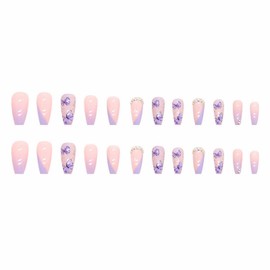 MISUD Long Coffin Press on Nails Ballerina Fake Nails Purple French Tip Acrylic Nails Glossy Glue on Nails Butterfly Artificial Nails Bling Glitter Stick on False Nails with Rhinestone Design 24 pcs