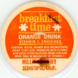 Milk Bottle Cap - Miller's Dairy - Sebastopol, California, CA - ORANGE DRINK