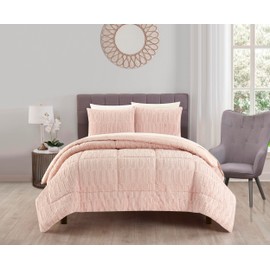 Chic Home Pacifica 3 Piece Comforter Set Textured Geometric Pattern Faux Rabbit Fur Micro-Mink Backing Bedding - Pillow Shams Included, Queen, Blush