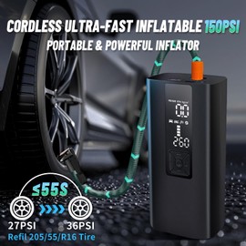 Tire Inflator Portable Air Compressor,150PSI & 4X Faster Portable Air Pump,Inflation Air Compressor with Tire Gauge Pressure & LED Light for Motorcycle, Bike, Ball,Car Accessories
