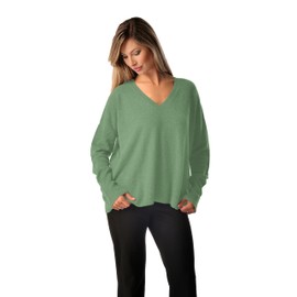 Cashmere Boutique 100% Pure Cashmere Pullover Boyfriend V Neck Sweaters for Women – Loose Fit, Long Sleeve and Classic Style - Sage Green, Large