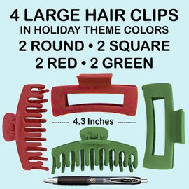 4 Hair Claws - Christmas Stocking Stuffers for Women. Santa's Claws Christmas Gifts Box for Girls, Teenagers, Her, White Elephent Gift Exchange. Large 4.3 Inch Hair Claw Clips (Red/Green)
