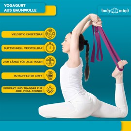 Body & Mind Yoga Strap Made of 100% Natural Cotton - 250 cm Long; Yoga Band Yoga Belt with D-Ring for Beginners & Advanced; Pilates & Fitness Exercises (Pink)