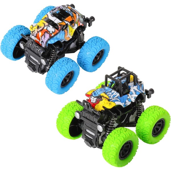 m zimoon Monster Inertia Truck, 2 Pack Off-road Vehicle Toy Four-Wheel Race Cars with 360 Degree Rotation, Toddler Car Toys Birthday Gift for 3 4 5 6 7 8 year old Kids Boys Girls (Blue+Green)
