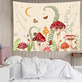 LB - Tapiz de hongos, colorido tapiz de mariposa para colgar en la pared, luna y estrella, color beige, para recámara, estético, plantas verdes, tapiz botánico para sala de estar, recámara universitario, decoración de 59 pulgadas de ancho x 51 pulgadas d