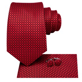 Hi-Tie Mens 70inches Tie Set Black Red Checks Extra Long Necktie for Men Cufflinks Handkerchief Big Tall Men Business Wedding