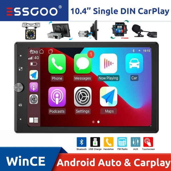 ESSGOO 10.4" 1 DIN Rotatable Car Stereo Wireless CarPlay Touch
