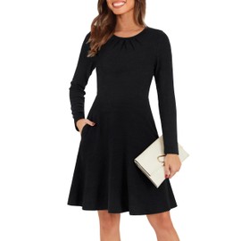 Kranda Fall Dresses for Women 2025 Winter Long Sleeve Round Neck Knit Flowy Swing Midi Sweater Dress with Pockets Black L