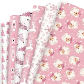Vnaaem Pink Christmas Wrapping Paper 6 Watercolor Xmas Style Gift Wrapping Paper Bulk Santa Nutracker Christmas Trees and Reindeer Designs Folded Flat for Winter Holiday - 20 X 28 Inches (6 Folded Sheet)