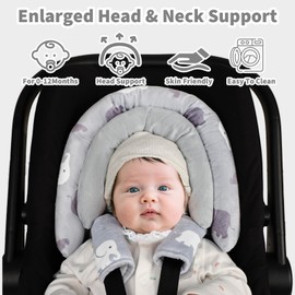Baby Car Seat Head Support with Extra Headrest, 2-in-1 Babybody Supports with Shoulder Pads Set for Newborn, Adjustable Infant Car Seat Insert Compatible with Stroller, Baby Swing, (Grey Elephant)