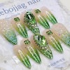 Green Glitter Handmade Nail Tips - Water Drops / 그린