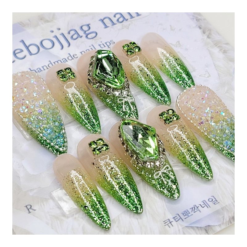 Green Glitter Handmade Nail Tips - Water Drops / 그린