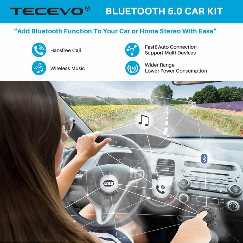 TECEVO Bluetooth 5.0 Handsfree Car Kit - Bluetooth Music Receiver,