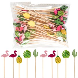 Cocktail Sticks, 100 Counts Bamboo Cocktail Sticks with 5 Assorted Designs, Fruit Skewers Sticks for Cocktail Decorations and Party Food Toothpicks, Perfect for Themed Parties and Home Gatherings