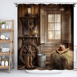 MZYZAF Farmhouse Barn Door Shower Curtain Vintage Southwest Country Ranch Western Cowboy Hat Boots Oil Lamp Wooden Wheel Rustic Cabin Brown Men Bathroom Decor Curtain with Hooks 70X70Inch