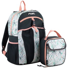 FUEL Teens Student Water Resistant Backpack Set Lunch Bookbag Bag Soft Reusable Insulated Cooler Lunch Box Thermal Travel Office Lunch Bag, White Star Print