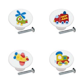 SET OF 4 KNOBS - Chopper Helicopter Firetruck Fire Engine Plane Airplane Train Locomotive - Kids Transportation - DECORATIVE Glossy CERAMIC Cupboard Cabinet PULLS Dresser Drawer KNOBS