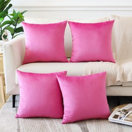 OTOSTAR Set of 4 Decorative Throw Pillow Covers Soft Velvet Solid Square Pillow Cases Luxury Cushion Covers Case for Sofa Car Patio Bedroom Living Room 16x16 Inch, Hot Pink