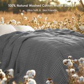 David's Home 100% Cotton Waffle Weave Throw Bed Blanket Queen Size, Lightweight Breathable Soft Thermal Blanket for Summer, Aesthetics Home Decor for Couch Bed Sofa，Grey，90 * 90"