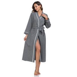 COLORFULLEAF 100% Cotton Dressing Gown Women's Lightweight Long Sauna Bathrobe Long Sleeve Kimono with Pockets Women Sleepwear, darkgray