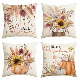 AVOIN colorlife Fall Pumpkin Wheat Cotton Sunflower Jar Autumn Thanksgiving Throw Pillow Covers, 16 x 16 Inch Seasonal Cushion Case for Sofa Couch Set of 4