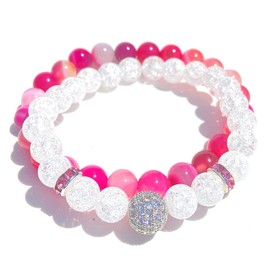 Pink agate and cracked white crystal stabilizing stretch bracelet- 8mm elastic bangle natural stone handmade- set