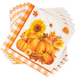 50Pcs Plaid Fall Cocktail Napkins, Thanksgiving Square Paper Dinner Napkins Disposable, Autumn Pumpkin Maple Leaf Luncheon Hand Towels for Picnic, Baby Shower, Birthday, Wedding, Harvest Party