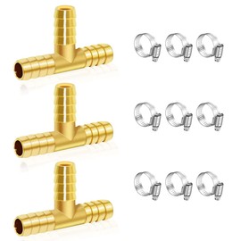 Dianrui 3PCS 5/16" Brass Tee Barb Fittings, T Shape 3 Ways Barbed Splitter Fitting With Hose Clamps Fit for Water,Fuel,Air K-H-058-5/16